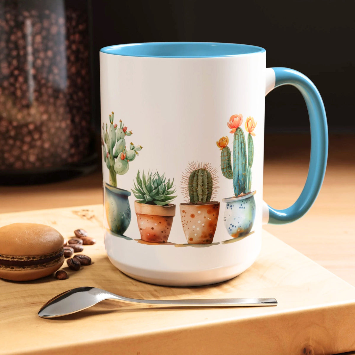 Ceramic Cactus Coffee Mug with Colorful Handle - Southwestern Kitchenware Gift for Plant Lovers