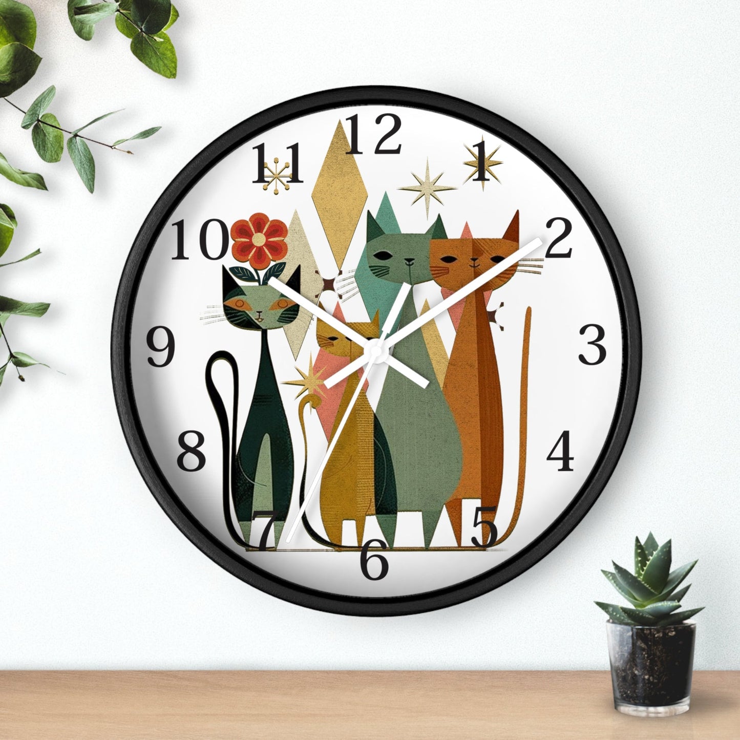 Handmade Playroom Cat Wall Clock, Silent Wood And Plexiglass, Retro Decor