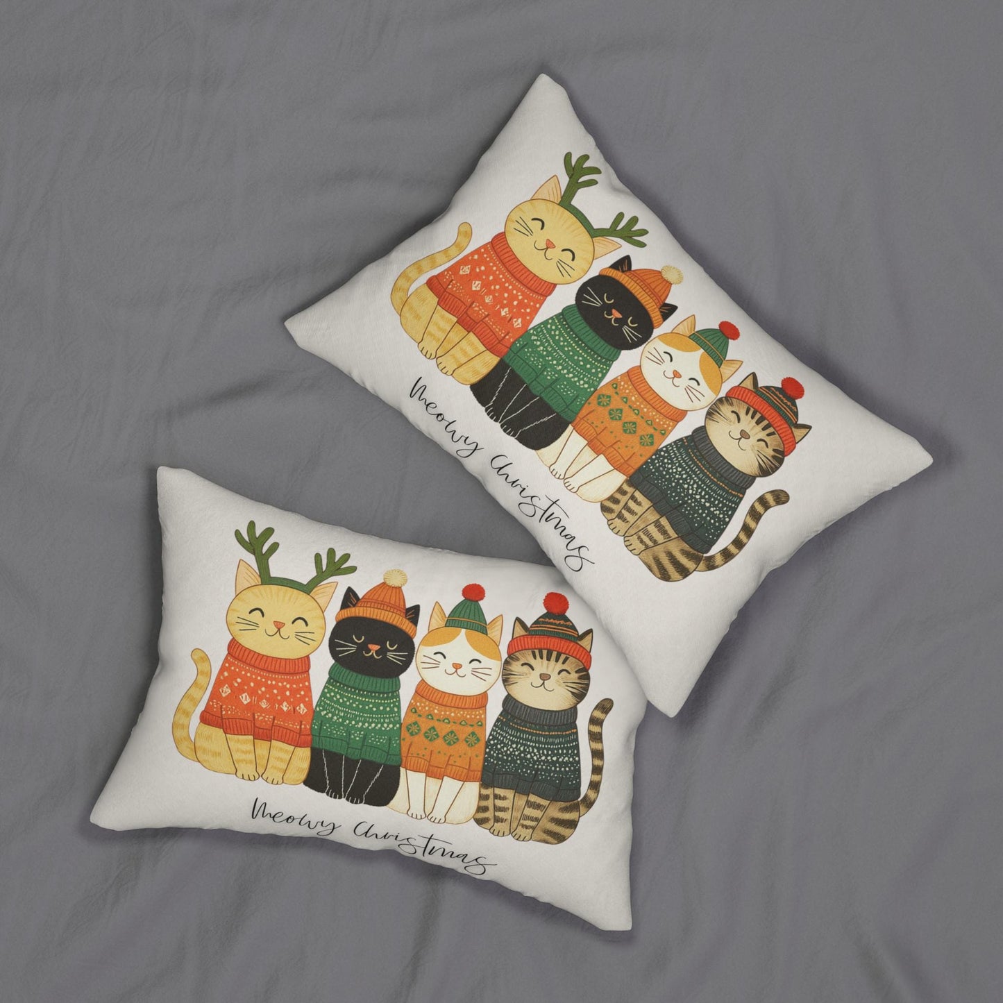 Festive Lumbar Pillow with Meowy Christmas Cat Design - Holiday Home Accent for Pet Lovers