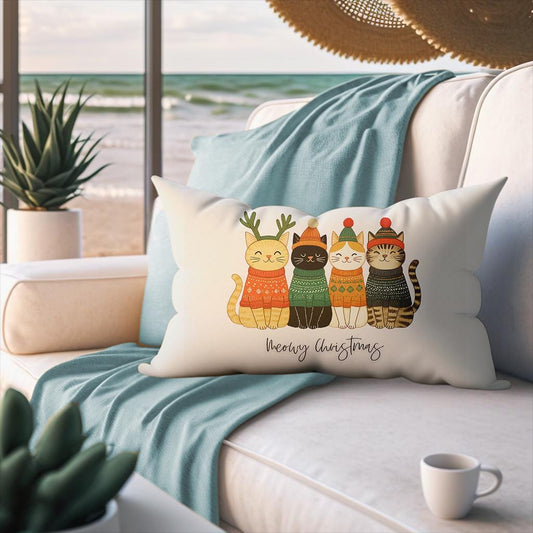 Festive Lumbar Pillow with Meowy Christmas Cat Design - Holiday Home Accent for Pet Lovers