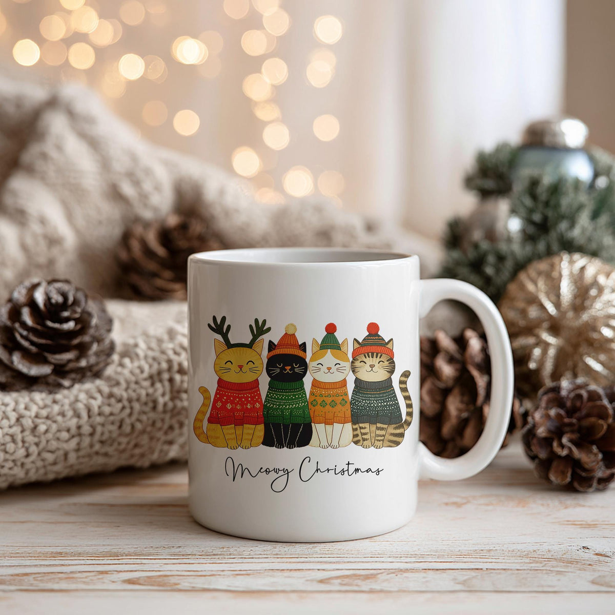 Ceramic Cat Mug, Christmas Holiday Tea Cup in 11oz or 15oz Sizes
