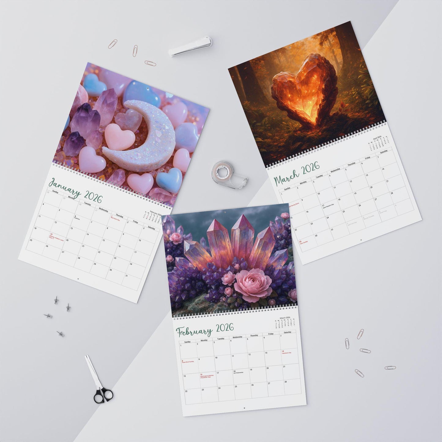 Healing Crystals Wall Calendar 2026 | Boho home office organizer, gift for crystal lovers