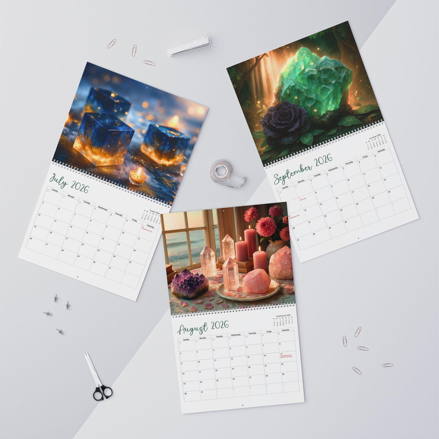 Healing Crystals Wall Calendar 2026 | Boho home office organizer, gift for crystal lovers