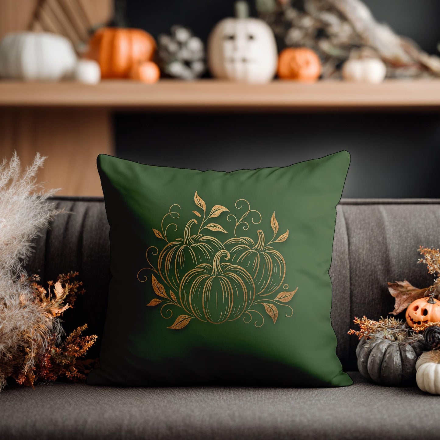 Decorative Farmhouse Pillow Cover, 100% Faux Suede Autumn Pumpkin Floral Print, Double-Sided Concealed Zipper