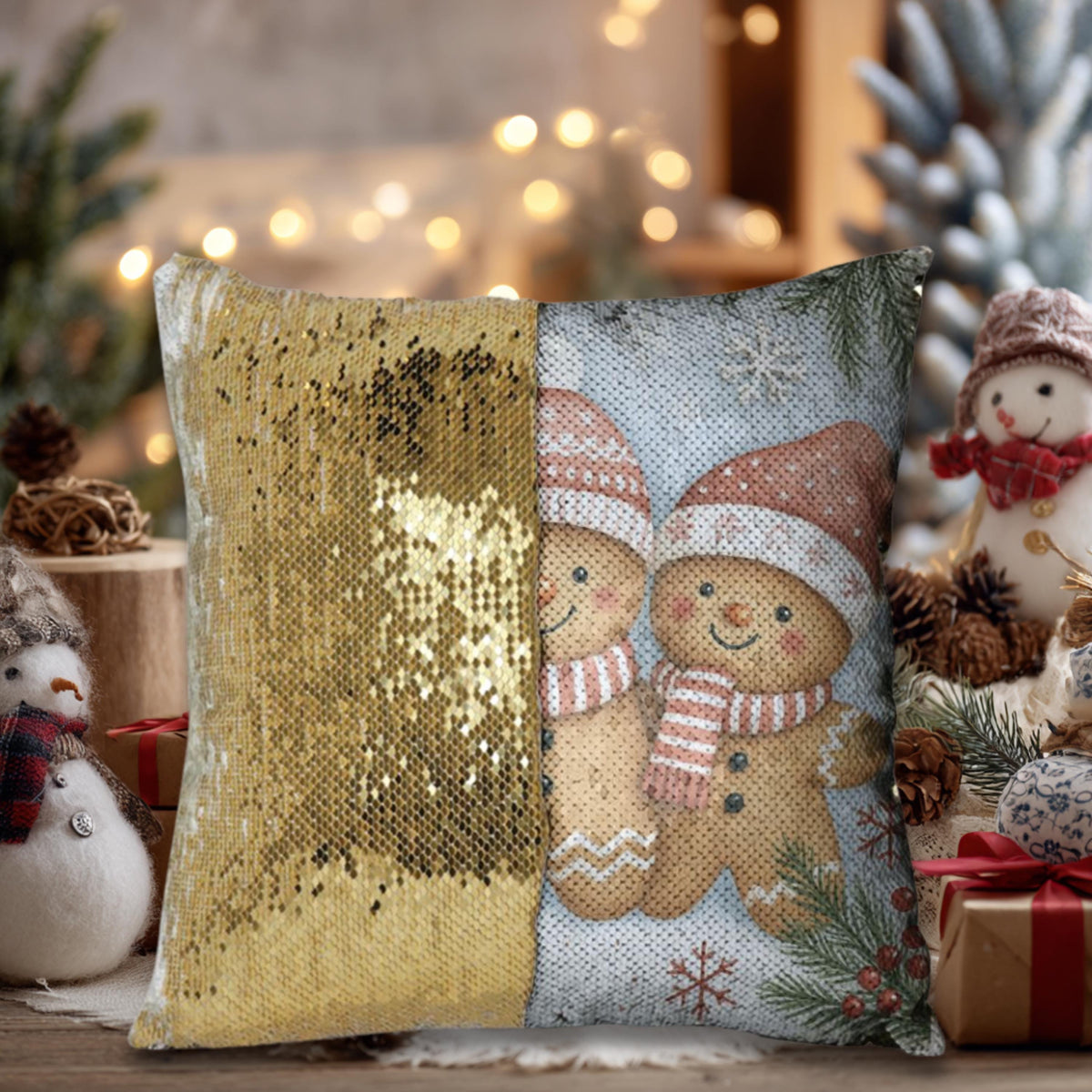 Gingerbread Man Sequin Pillow Cover, 15.5-Inch Reversible Christmas Cushion