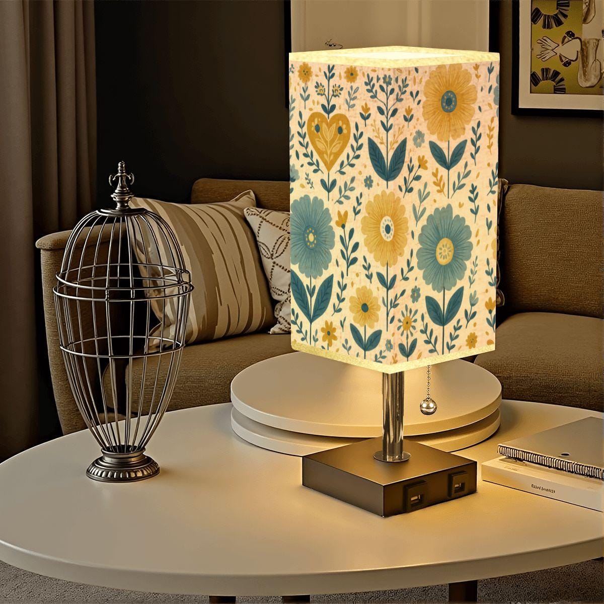 Floral Square Table Lamp with USB Port and Gold Trim - Modern Bedside Lighting