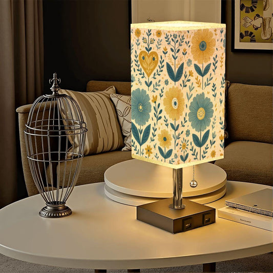 Floral Square Table Lamp with USB Port and Gold Trim - Modern Bedside Lighting