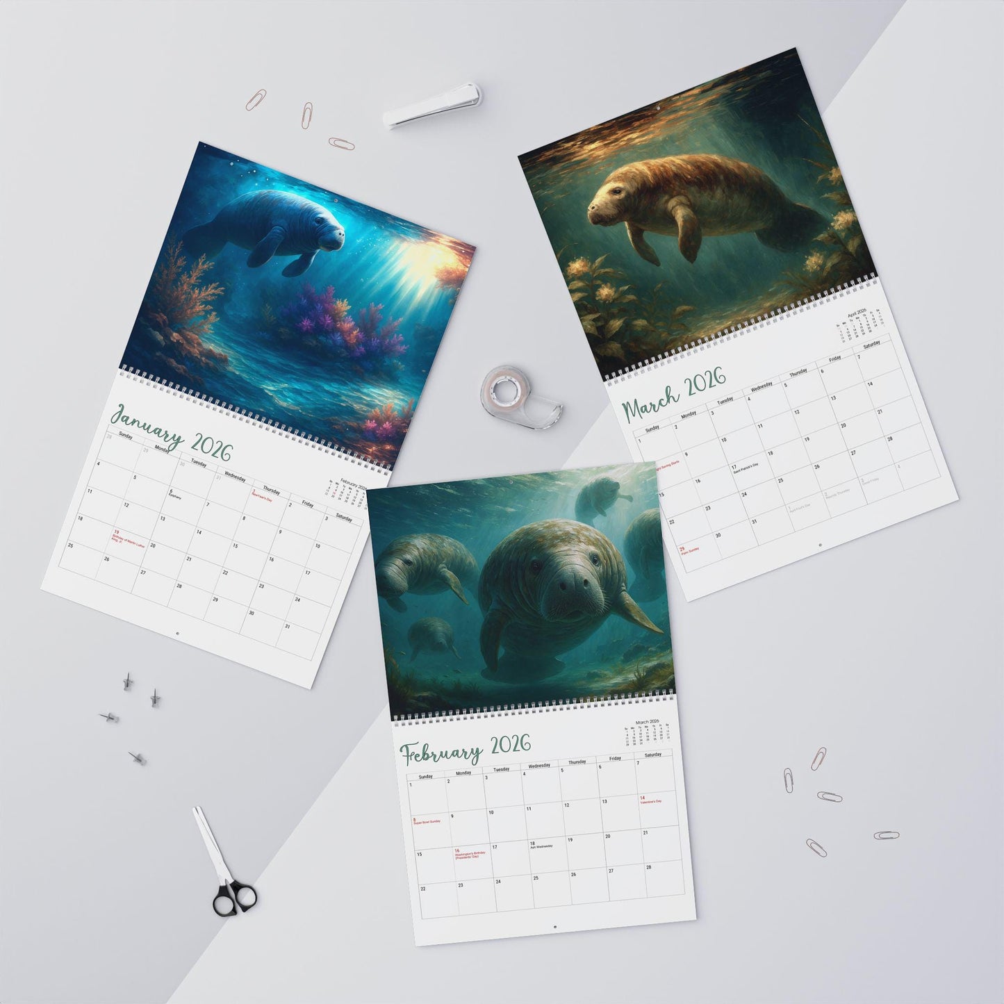 Manatee Wall Calendar, Ocean Art Decor, 2026 Blue Monthly Planner