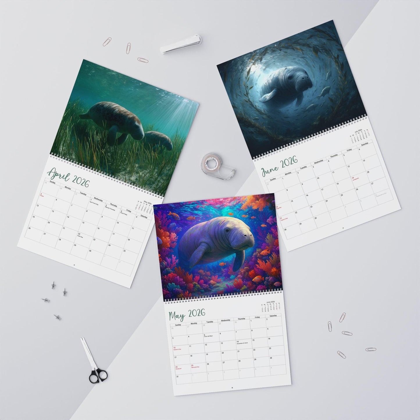 Manatee Wall Calendar, Ocean Art Decor, 2026 Blue Monthly Planner