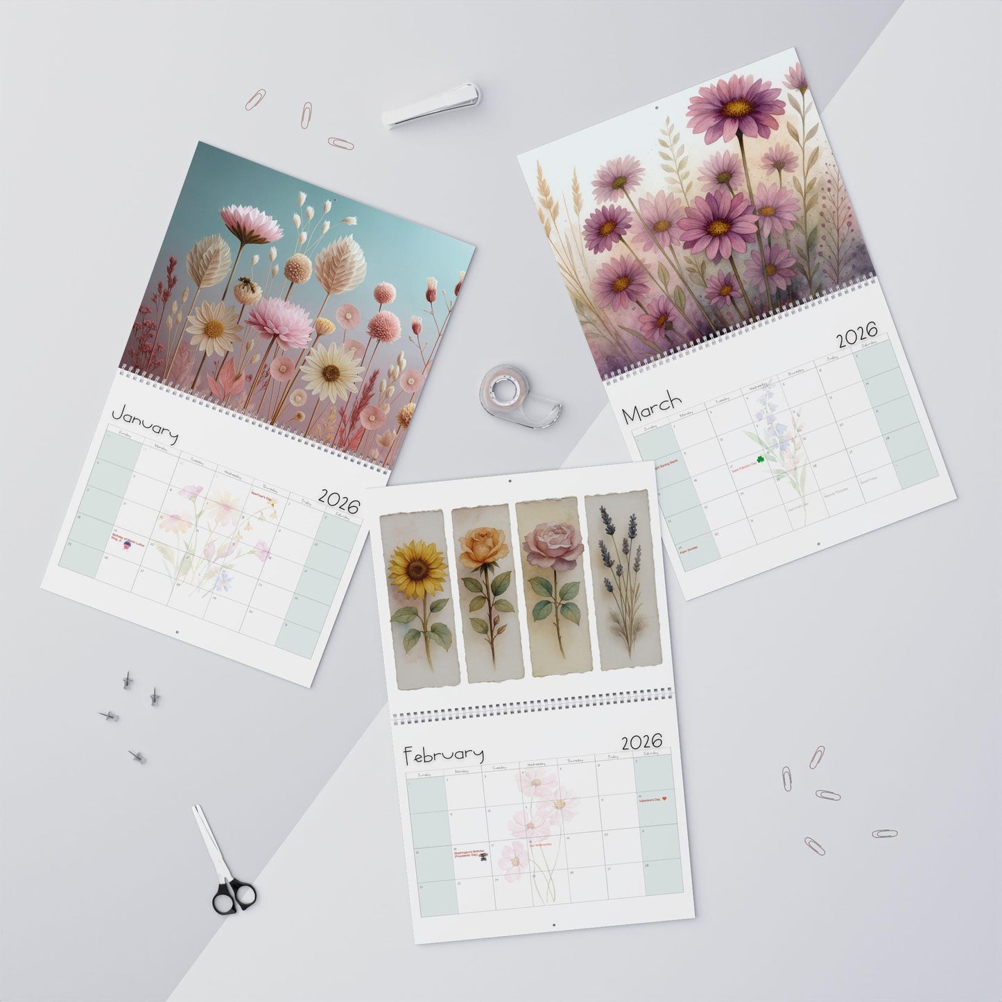 Pastel Floral Wall Calendar 2026 | Botanical Illustration Planner Yearly Organizer Office Decor Art Gift