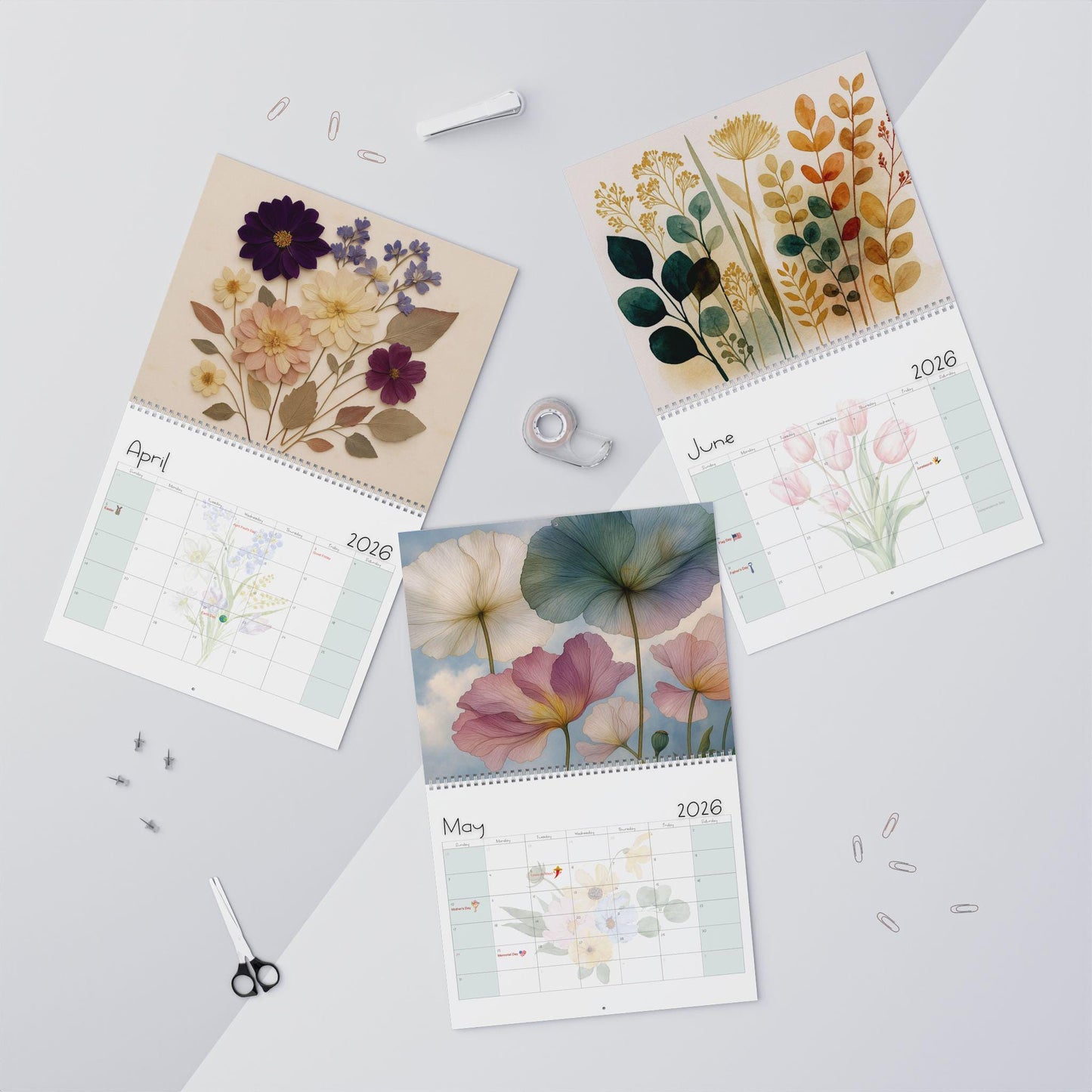 Pastel Floral Wall Calendar 2026 | Botanical Illustration Planner Yearly Organizer Office Decor Art Gift
