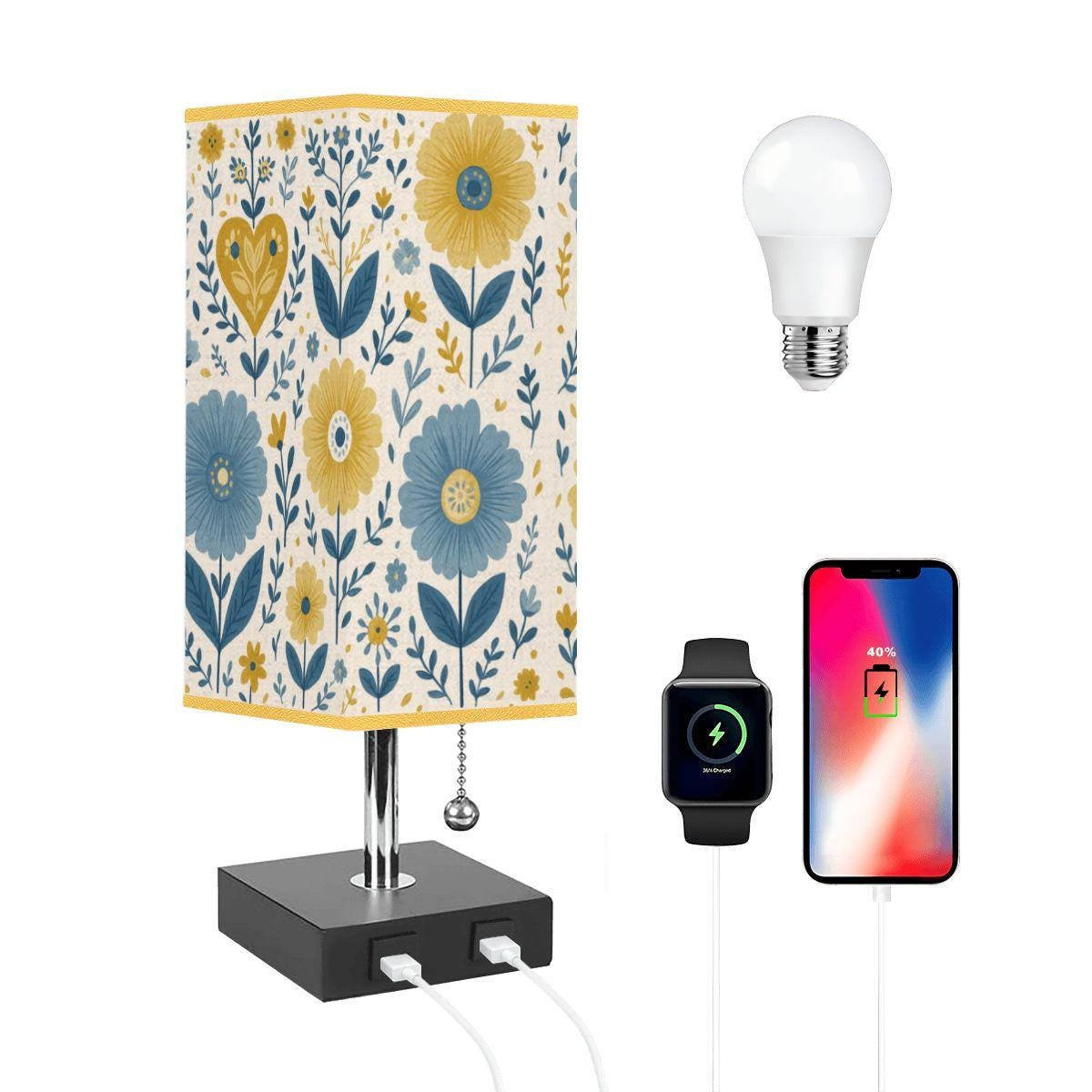 Floral Square Table Lamp with USB Port and Gold Trim - Modern Bedside Lighting