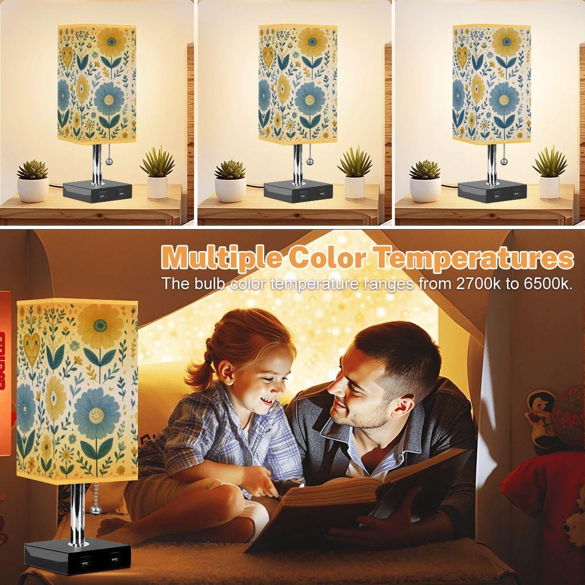 Floral Square Table Lamp with USB Port and Gold Trim - Modern Bedside Lighting