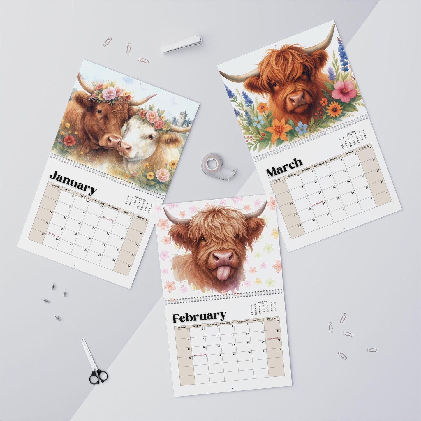 Highland Cow Calendar 2026, Floral Calendar Farm Animal Organizer Rustic Home Decor Gift