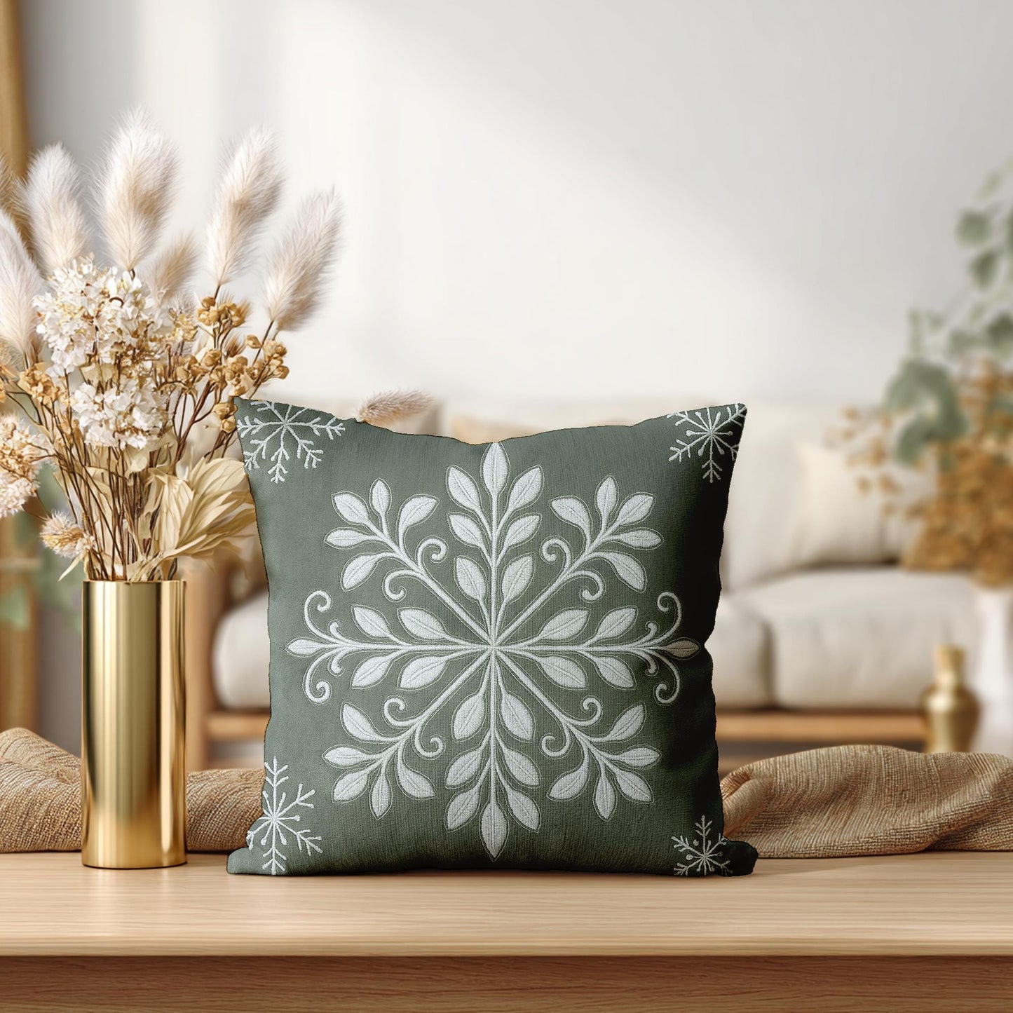 Snowflake Folk Art Pillowcase, Winter Home Decor, White Square Cushion Cover, Green Faux Suede