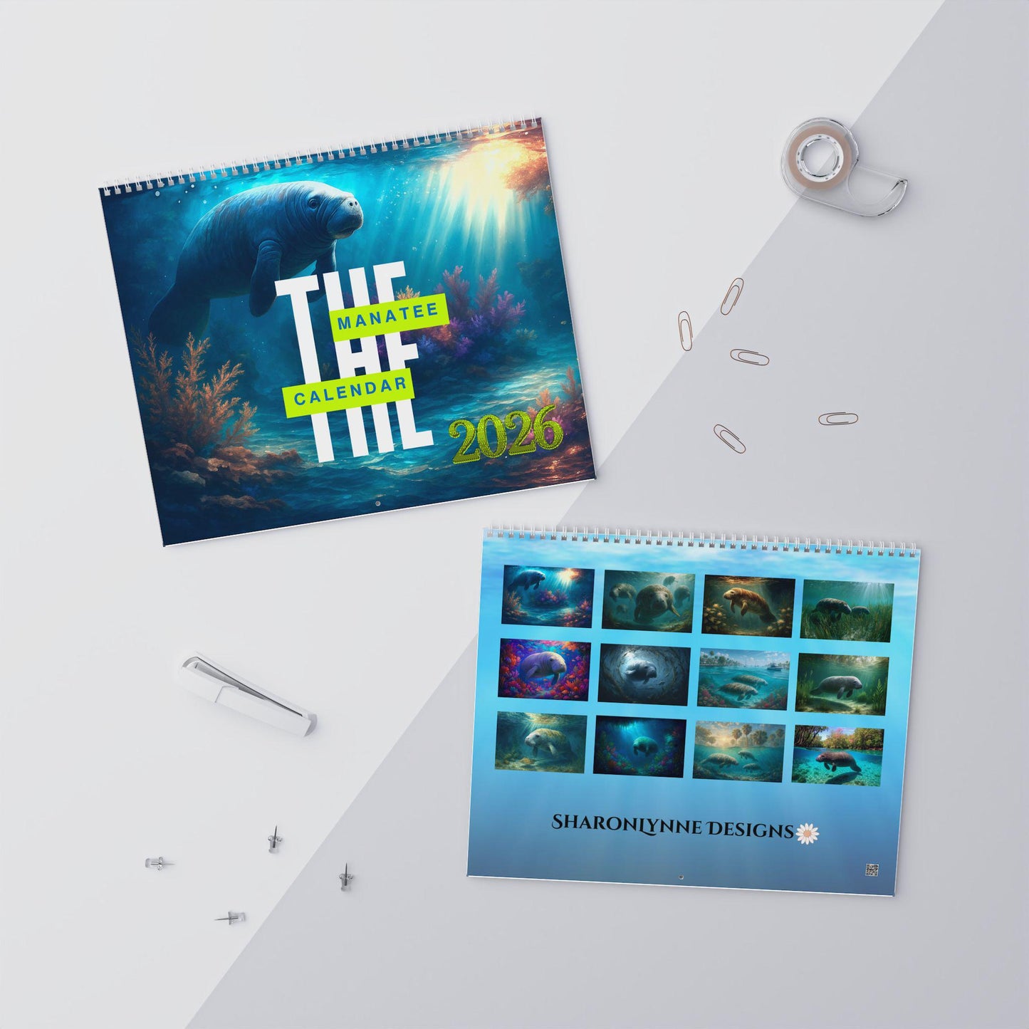 Manatee Wall Calendar, Ocean Art Decor, 2026 Blue Monthly Planner