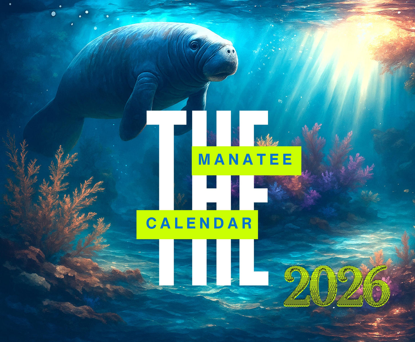 Manatee Wall Calendar, Ocean Art Decor, 2026 Blue Monthly Planner