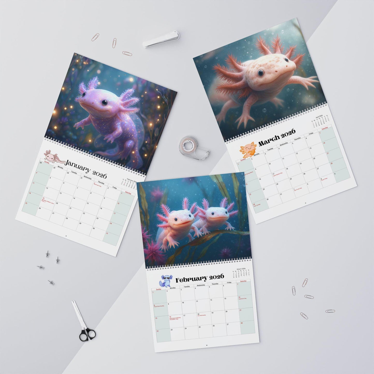 Axolotl Wall Calendar 2026 - Animal Art Planner for Home Office Decor Nature Lover Gift