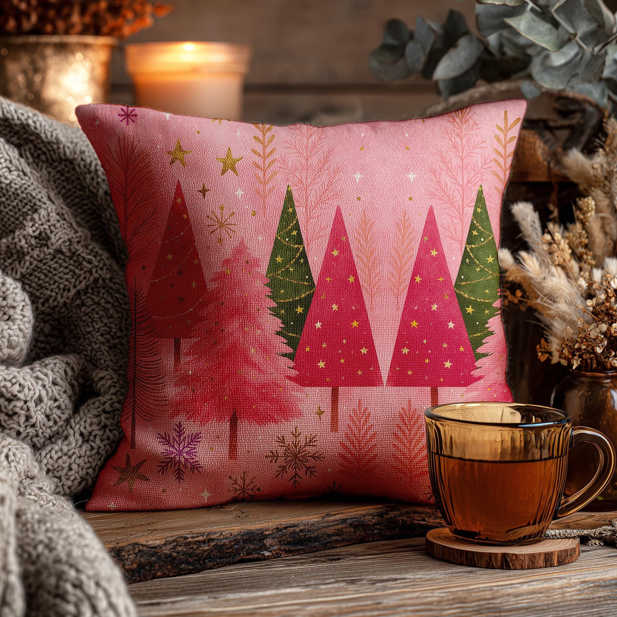 Square Pillowcase, Pink Christmas Tree Faux Suede Cover with Double-Sided Print
