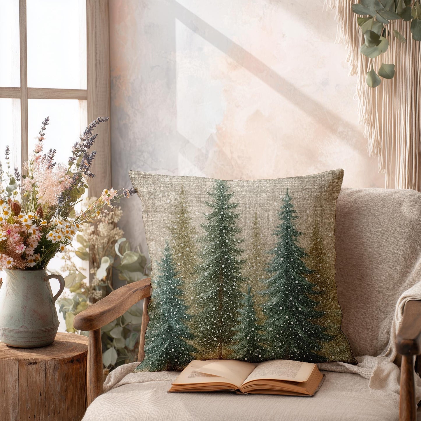 Evergreen Forest Faux Suede Pillowcase | Winter Pine Trees Christmas Holiday Home Decor Cushion Cover
