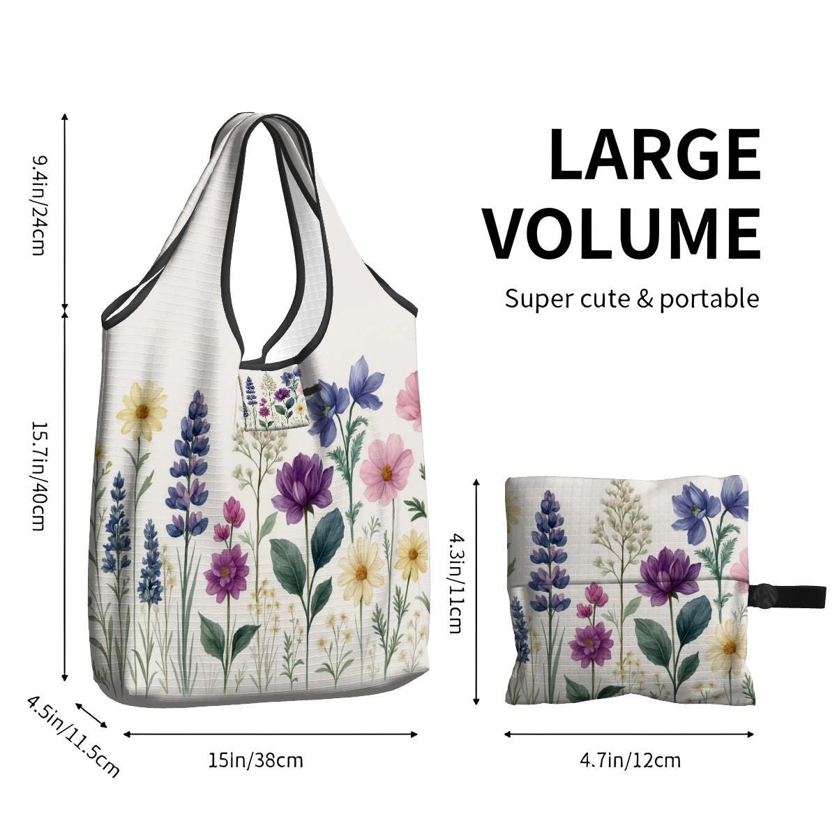 Floral Folding Reusable Grocery Bags - Eco Friendly Compact Shopping Totes with Pretty Flower Pattern