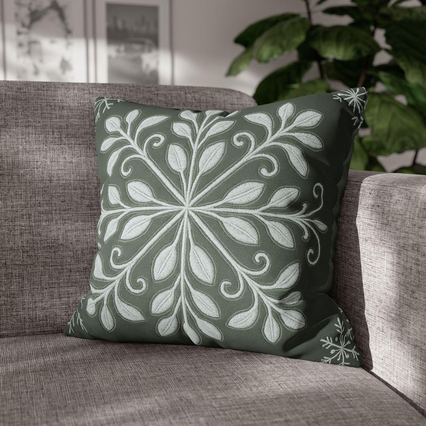 Snowflake Folk Art Pillowcase, Winter Home Decor, White Square Cushion Cover, Green Faux Suede