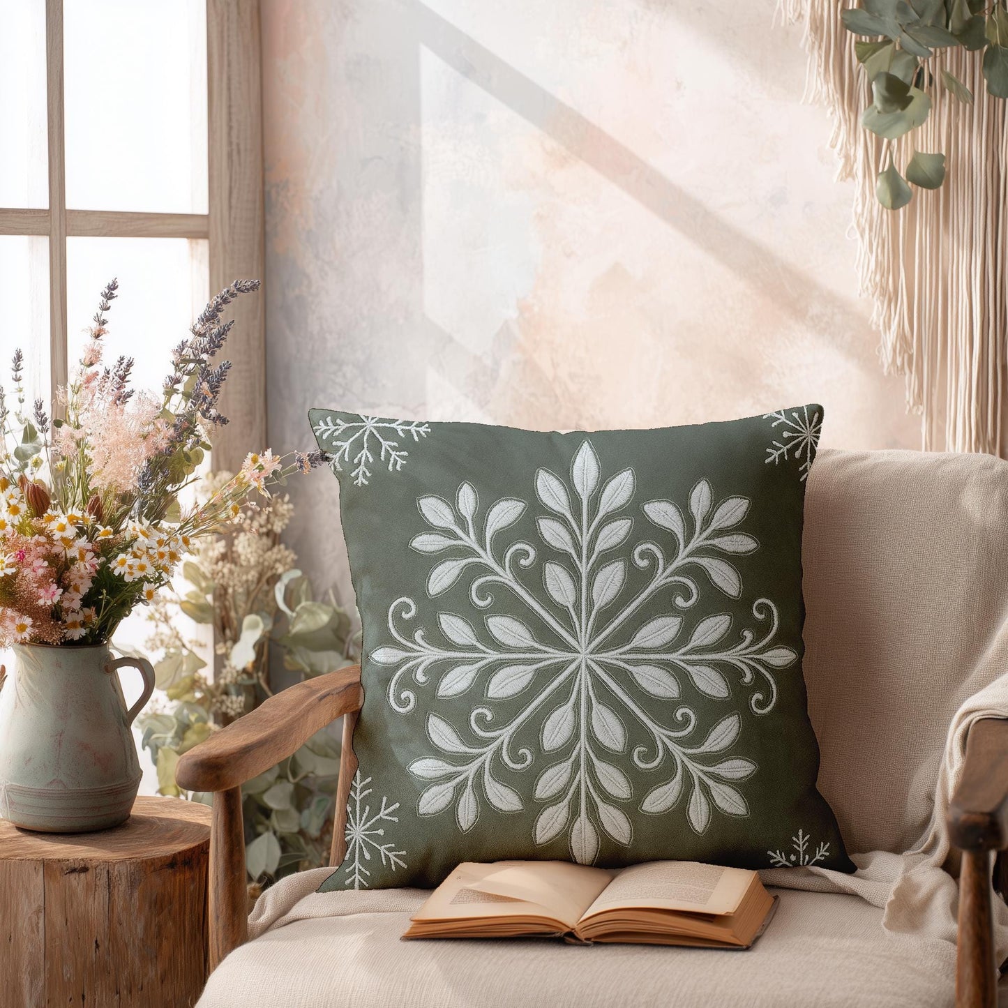 Snowflake Folk Art Pillowcase, Winter Home Decor, White Square Cushion Cover, Green Faux Suede