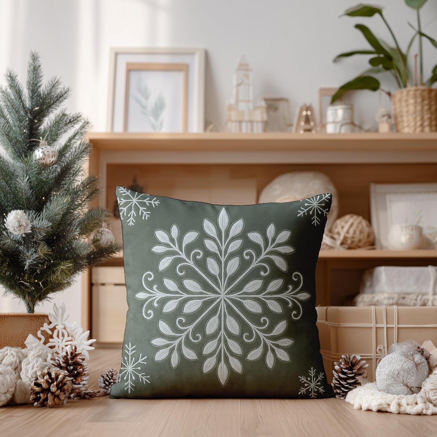 Snowflake Folk Art Pillowcase, Winter Home Decor, White Square Cushion Cover, Green Faux Suede