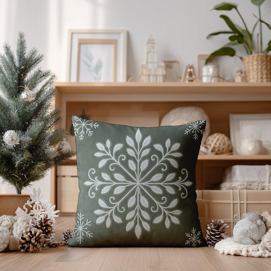 Snowflake Folk Art Pillowcase, Winter Home Decor, White Square Cushion Cover, Green Faux Suede