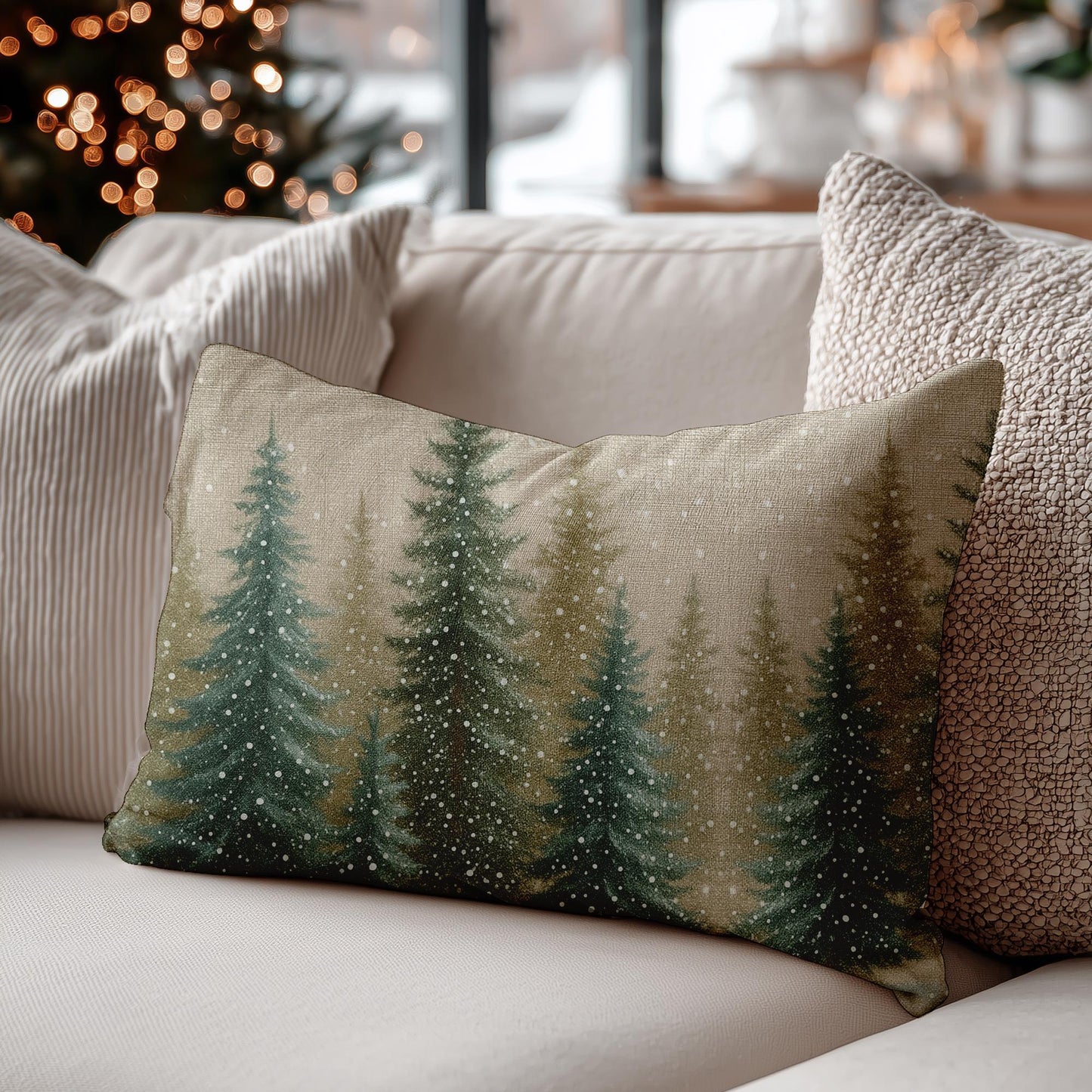 Snowy Pine Forest Lumbar Pillow | Winter Evergreen Decorative Throw Cushion Holiday Cabin Decor