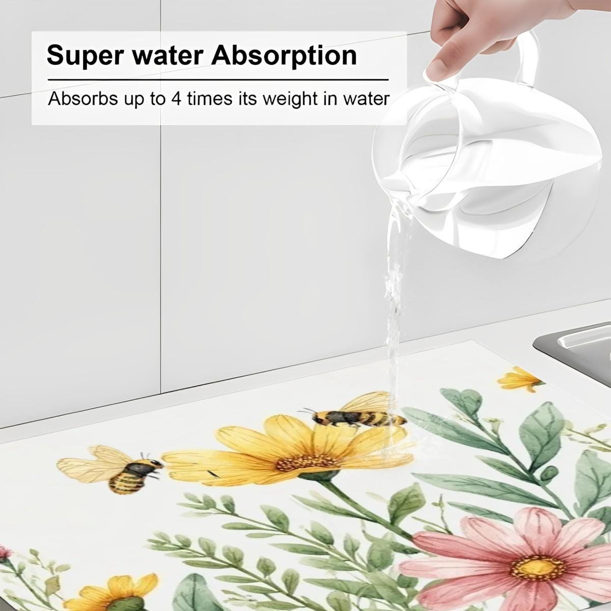 Flower Large Dish Drying Mat - Kitchen Absorbent Counter Protection Floral Design