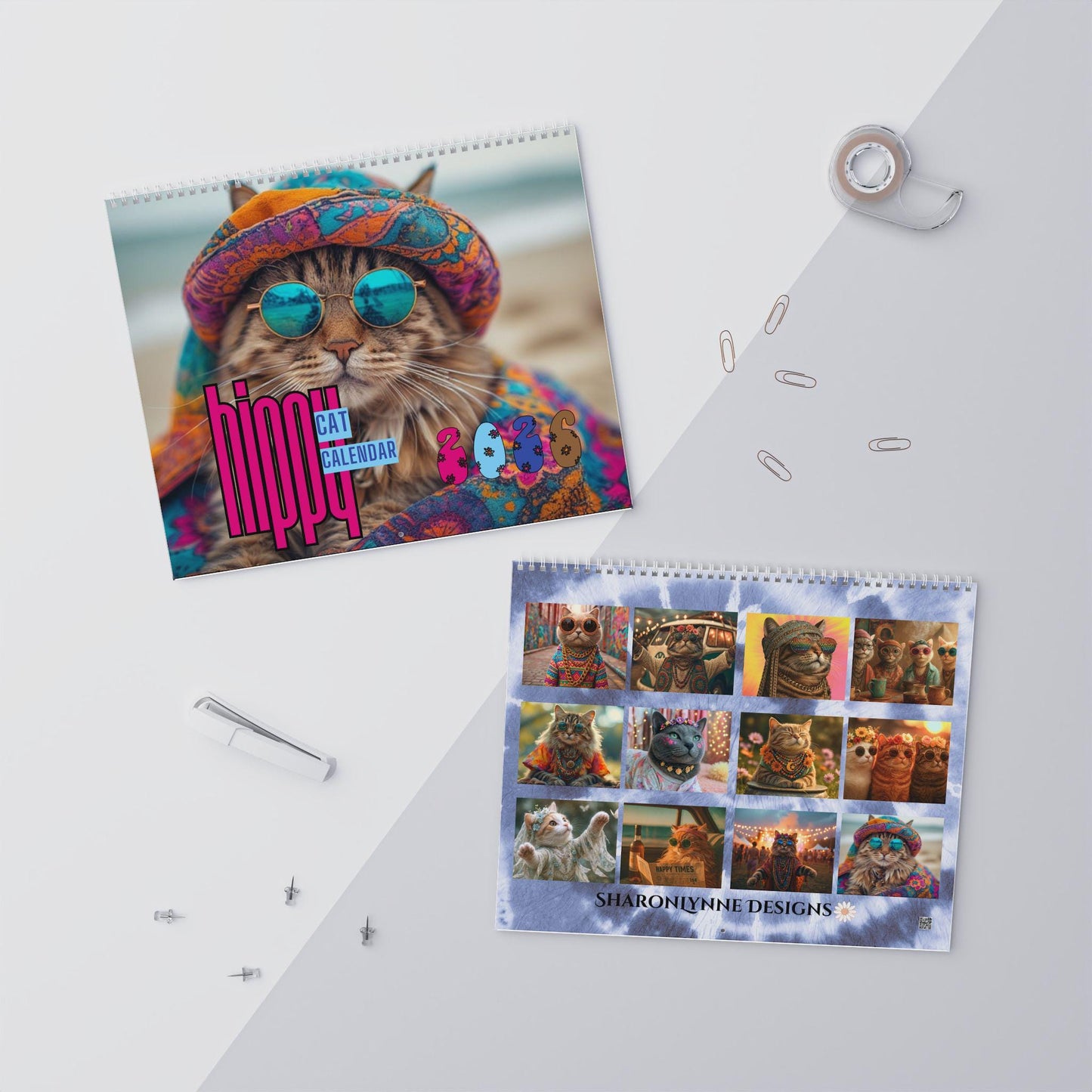 Hippy Cat Wall Calendar, 12 Month Boho Photo Planner, Animal Lover Gift