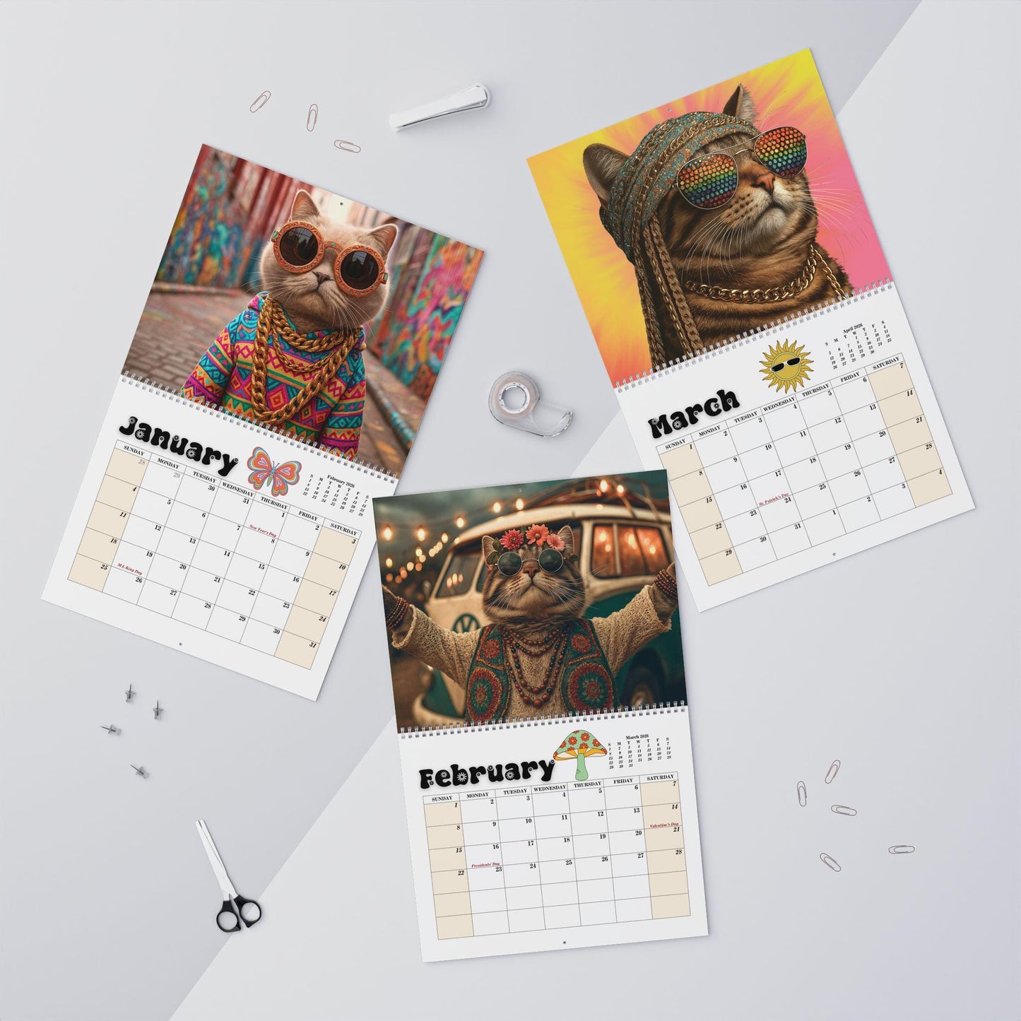 Hippy Cat Wall Calendar, 12 Month Boho Photo Planner, Animal Lover Gift