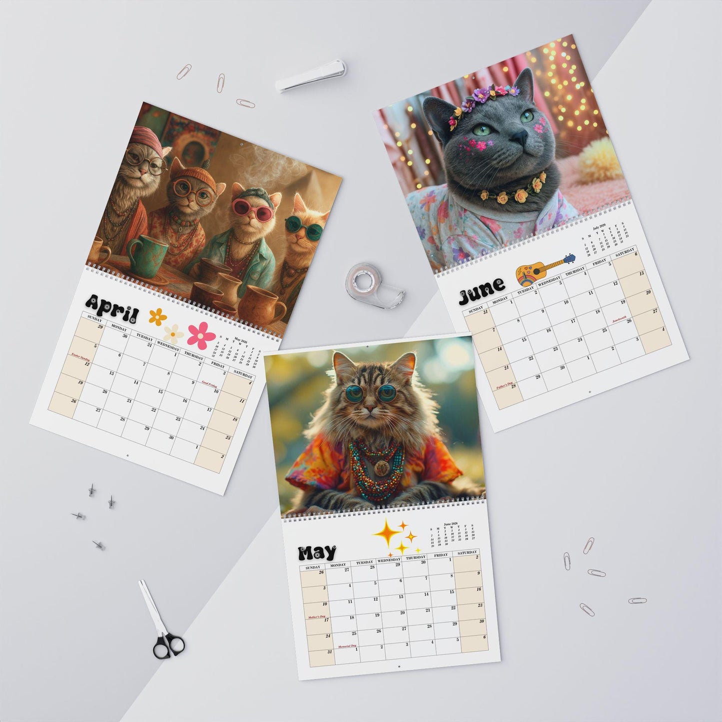 Hippy Cat Wall Calendar, 12 Month Boho Photo Planner, Animal Lover Gift