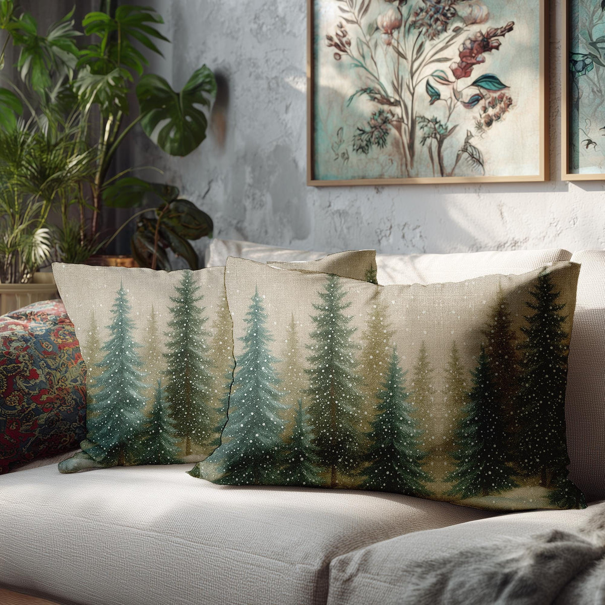 Snowy Pine Pillow, Polyester Lumbar Throw Cushion with Double-Sided Evergreen Design