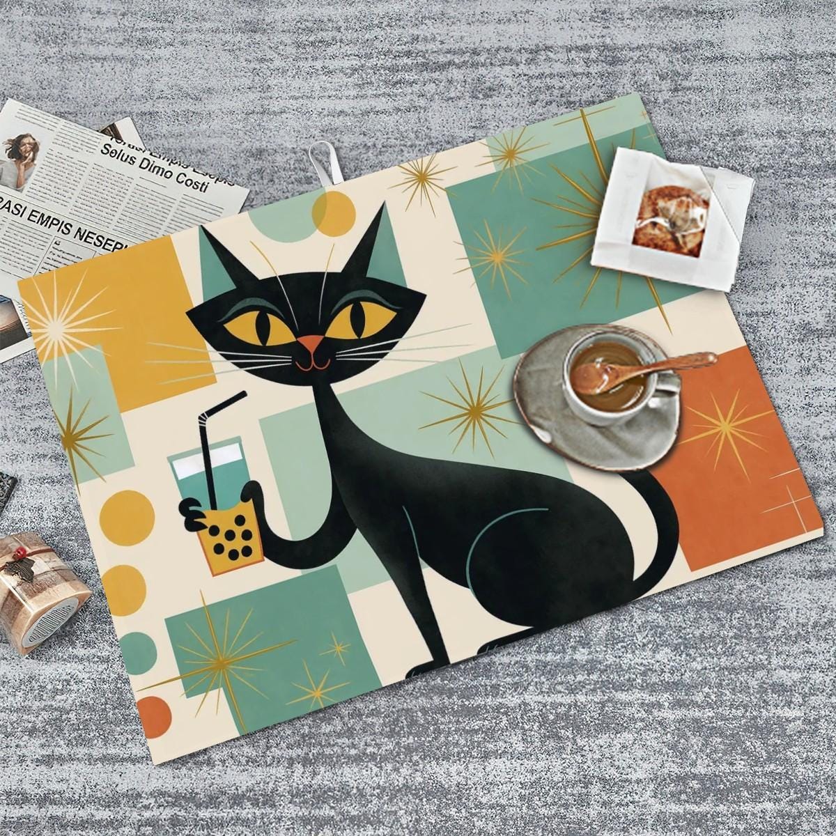 Mid-Century Cat Large Dish Drying Mat Kitchen Counter Absorbent Microfiber Towel