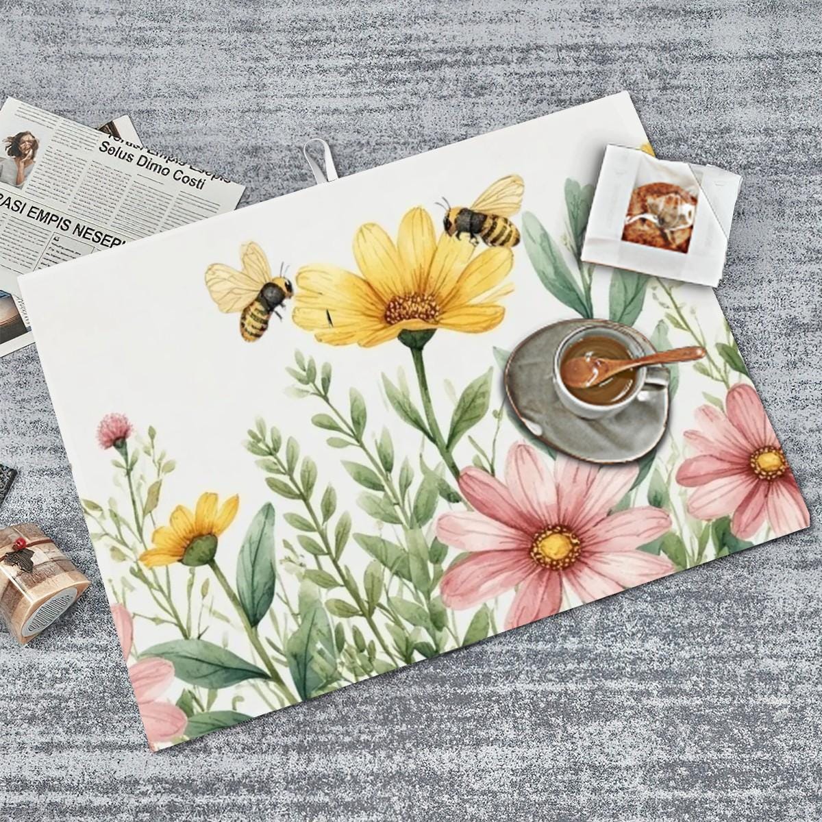Flower Large Dish Drying Mat - Kitchen Absorbent Counter Protection Floral Design