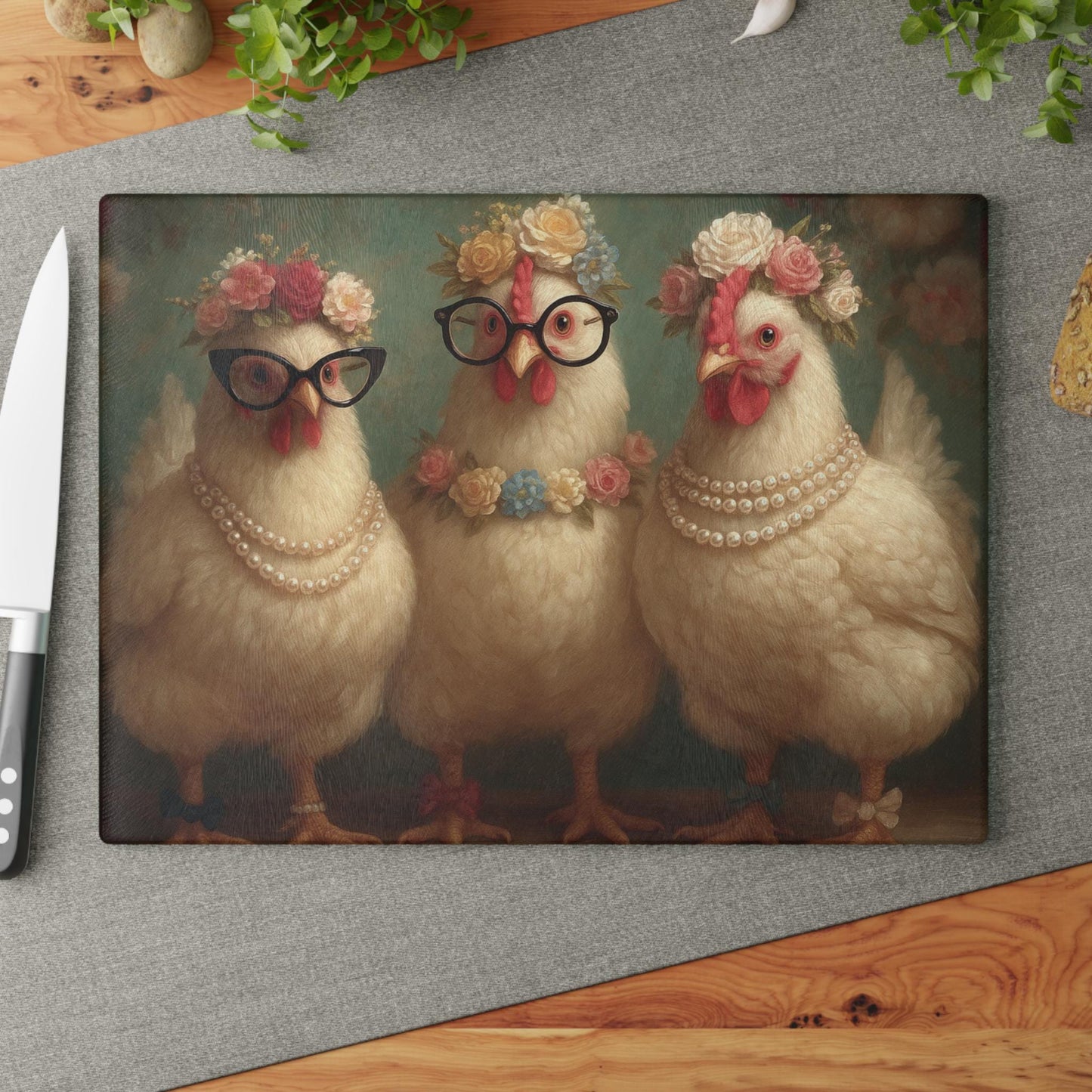 Fancy Chickens Glass Cutting Board | Farmhouse Kitchen Decor with Floral Crowns and Pearls