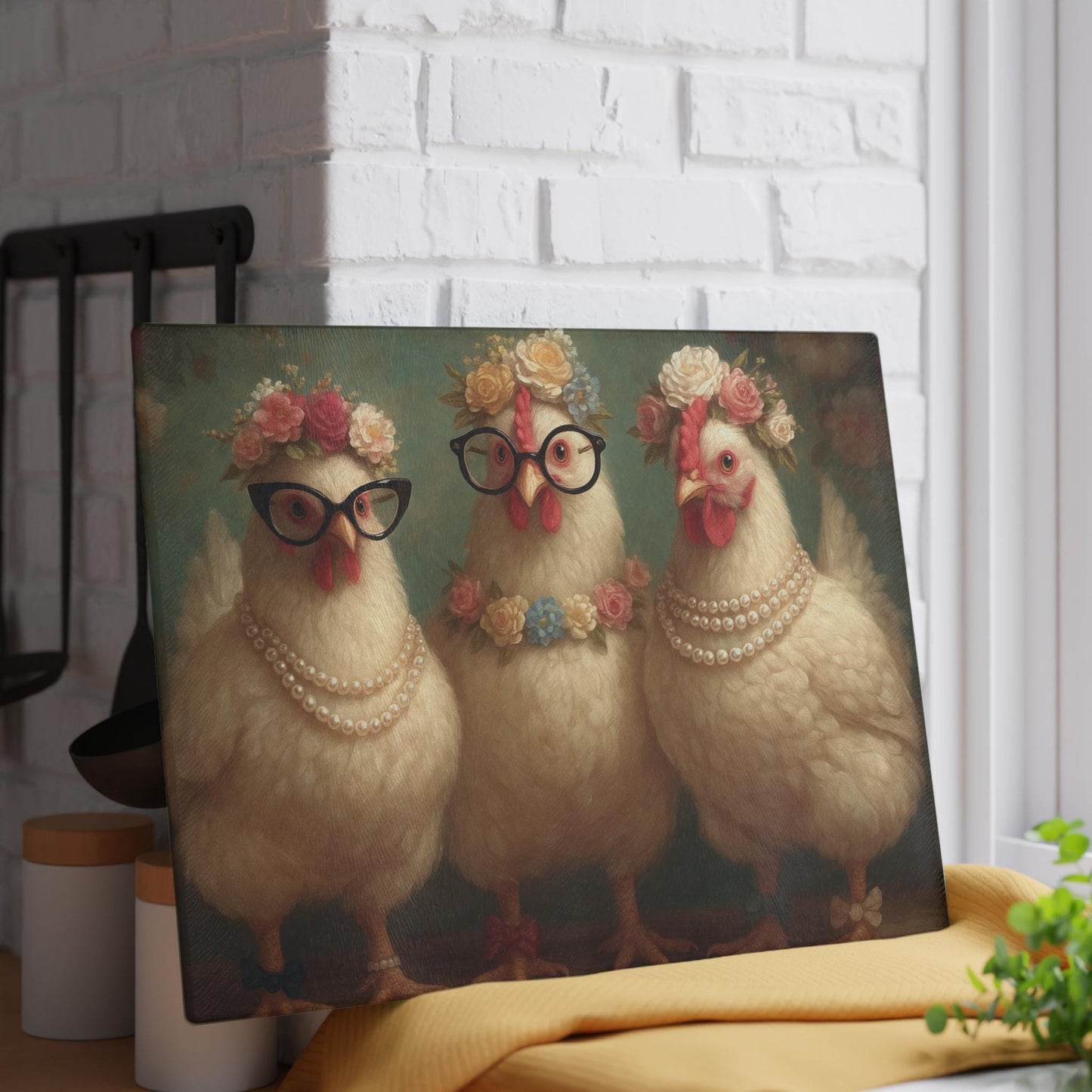 Fancy Chickens Glass Cutting Board | Farmhouse Kitchen Decor with Floral Crowns and Pearls