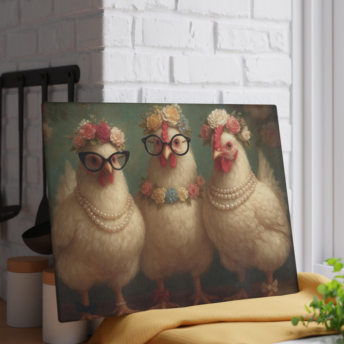 Fancy Chickens Glass Cutting Board | Farmhouse Kitchen Decor with Floral Crowns and Pearls