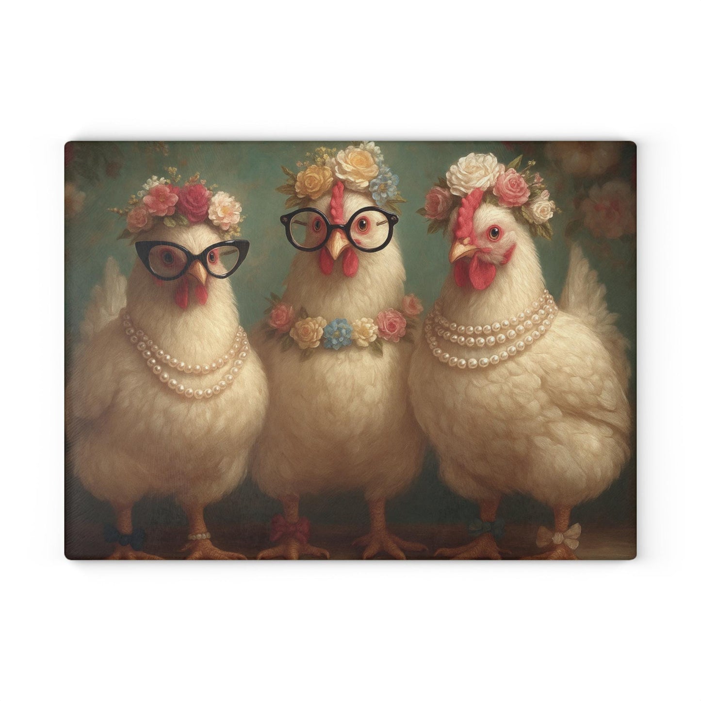 Fancy Chickens Glass Cutting Board | Farmhouse Kitchen Decor with Floral Crowns and Pearls