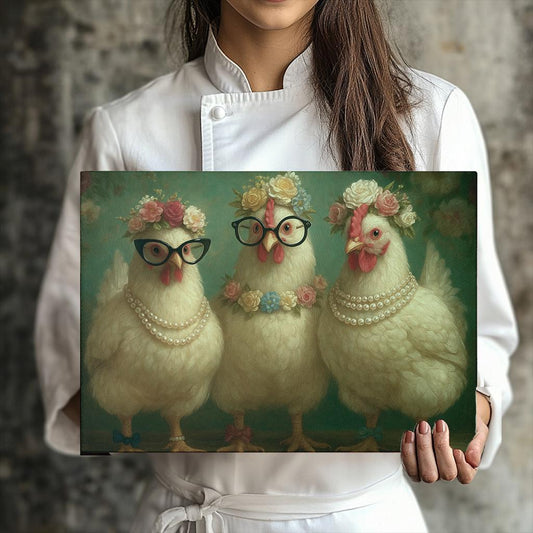Fancy Chickens Glass Cutting Board | Farmhouse Kitchen Decor with Floral Crowns and Pearls