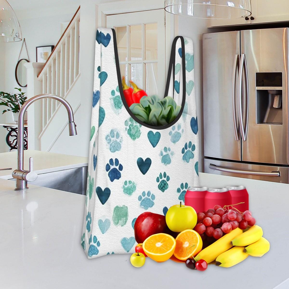 Paw Heart Folding Reusable Shopping Bags - Eco Friendly Dog Cat Pet Lover Tote