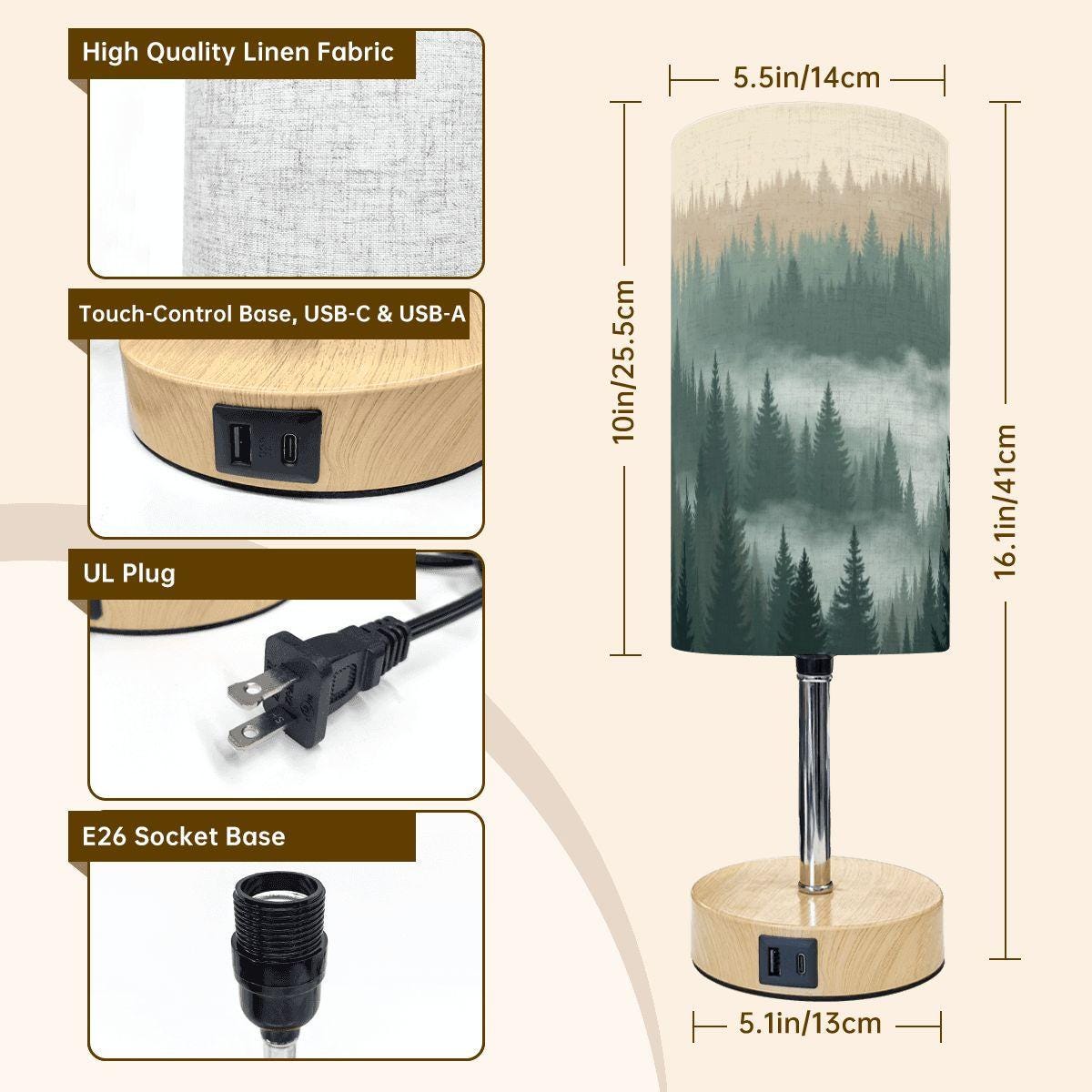 Mountain Touch Bedside Table Lamp with USB Charging Port - Modern Nightstand Light