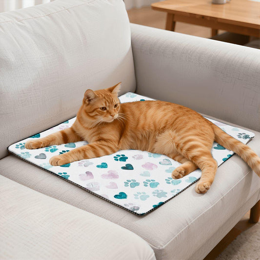 Cat Paws Hearts Heating Pad - Warm Blue Pet Comfort Electric Blanket for Cats