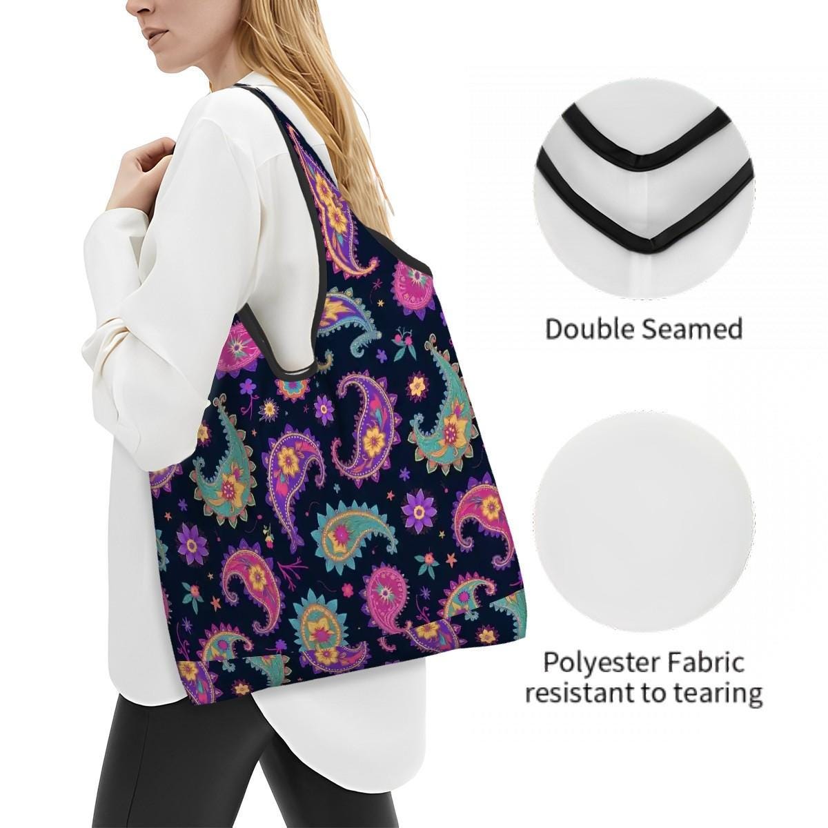 Paisley Folding Reusable Grocery Shopping Bags - Eco Friendly Foldable Tote Market Carrier Storage
