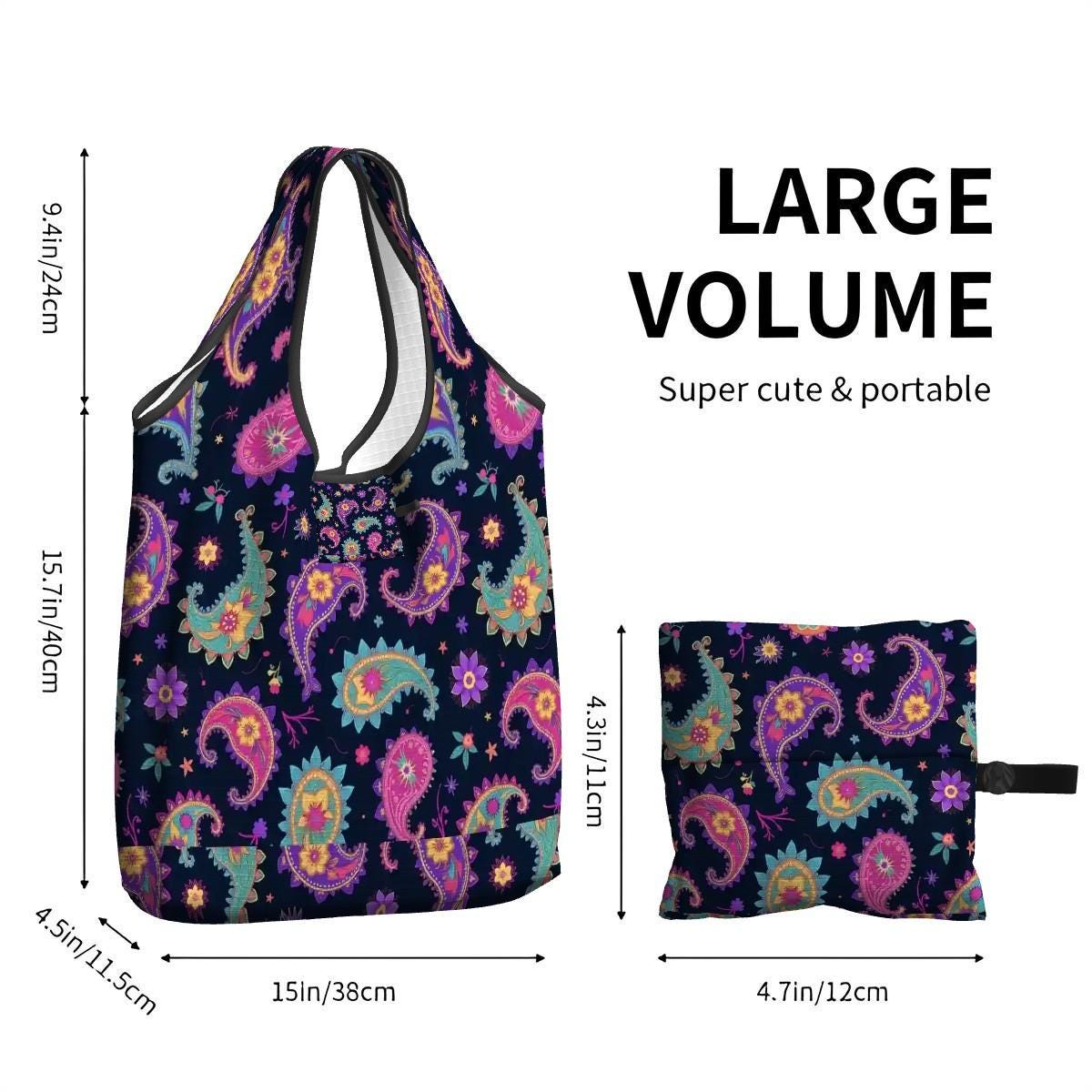 Paisley Folding Reusable Grocery Shopping Bags - Eco Friendly Foldable Tote Market Carrier Storage