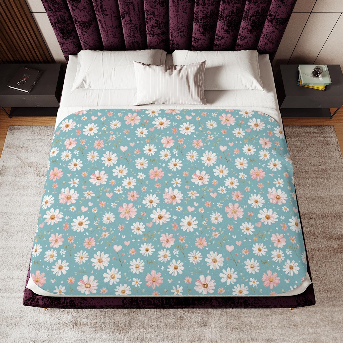 Botanical Comfort Sherpa Blanket, Reversible Daisy Floral Design with 100% Polyester Fleece Reverse