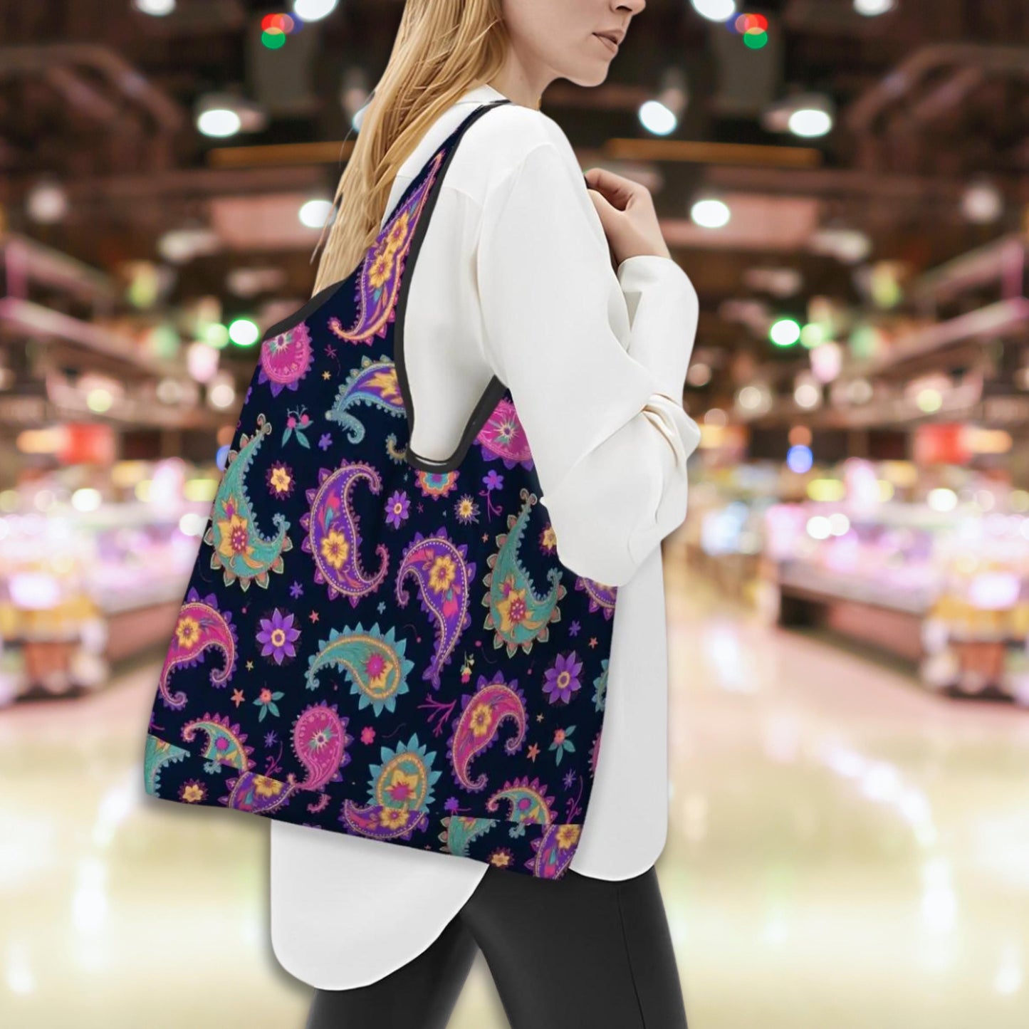 Paisley Folding Reusable Grocery Shopping Bags - Eco Friendly Foldable Tote Market Carrier Storage