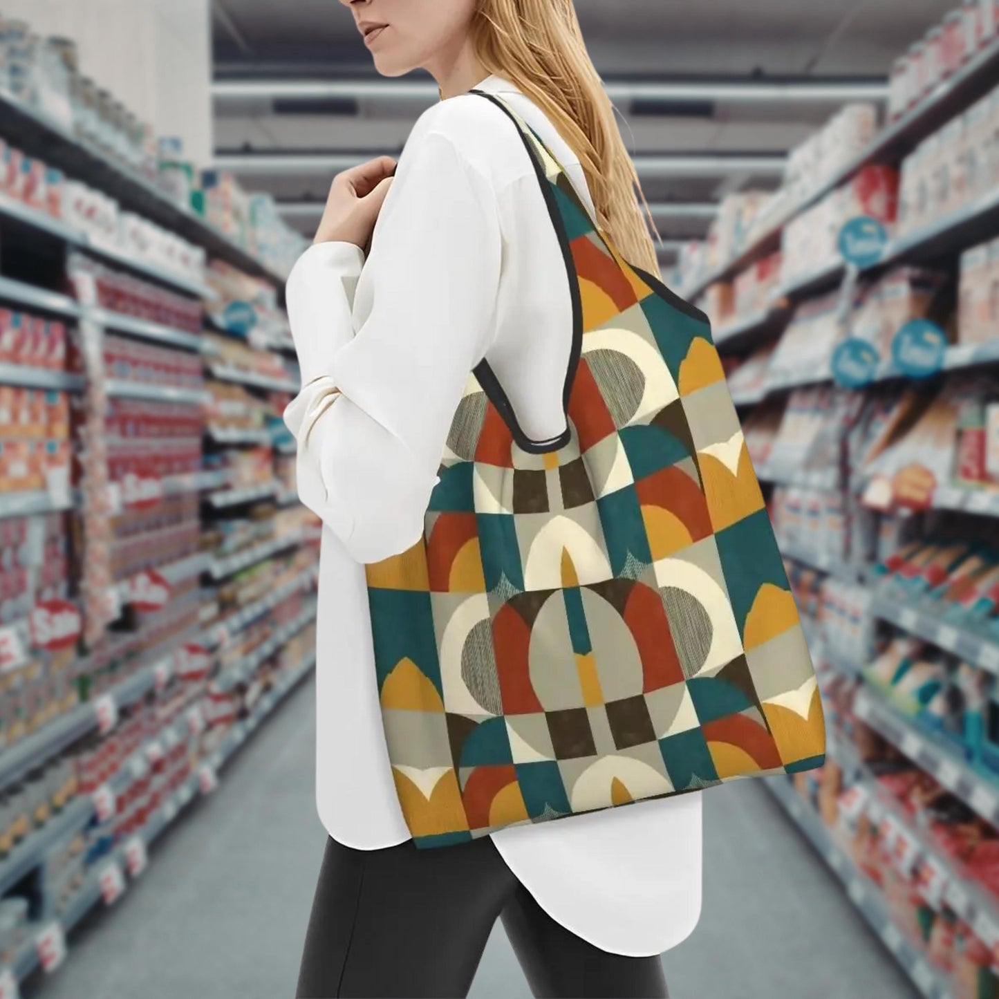 Abstract Compact Folding Reusable Shopping Bags - Eco Friendly Grocery Totes with Storage Pouch